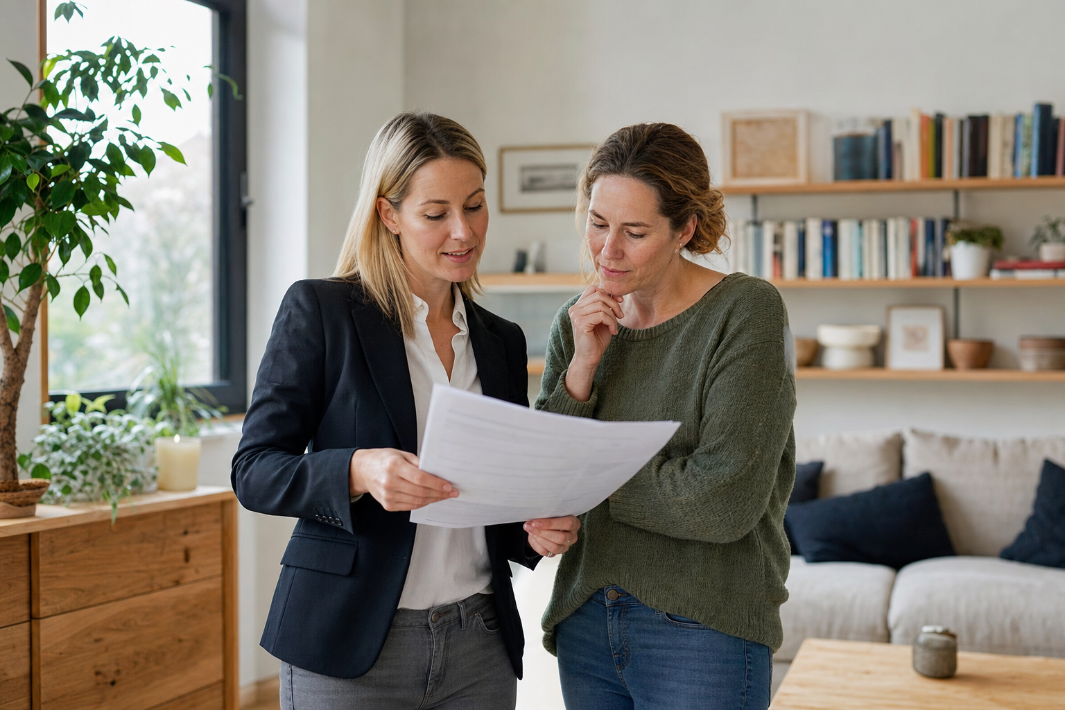 Eigentümerin und Immobilienmakler prüfen gemeinsam einen Energieausweis in einem Wohnhaus