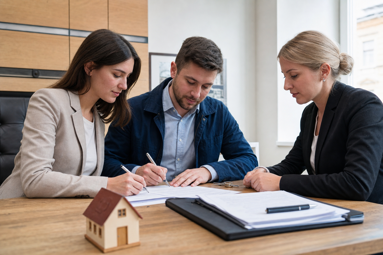 Verkäufer und Käufer unterzeichnen gemeinsam mit einem Notar den Immobilienkaufvertrag