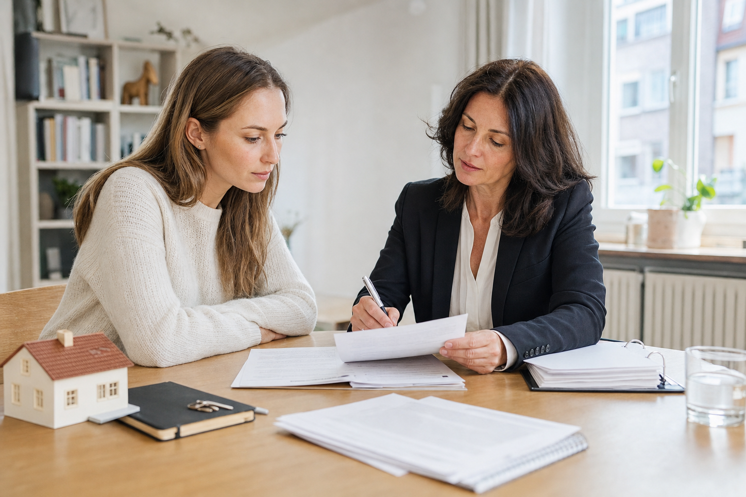 Eigentümerin und Steuerberater prüfen Kaufvertrag und Immobilienunterlagen an einem Schreibtisch