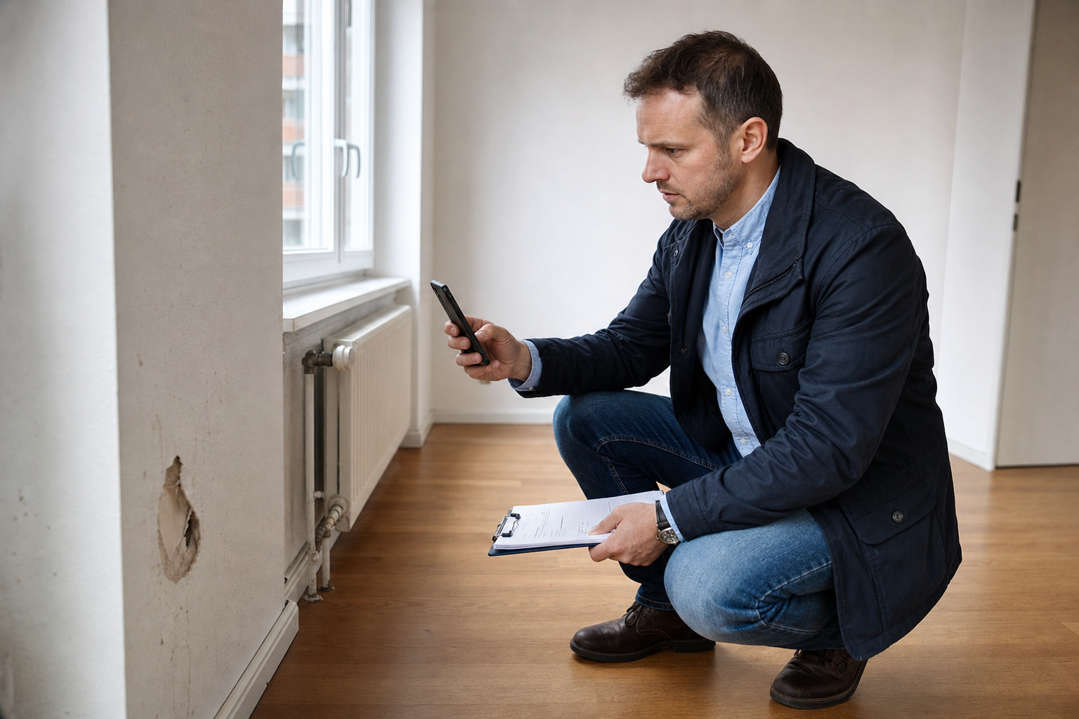 Vermieter prüft in einer leeren Wohnung das Übergabeprotokoll und fotografiert einen dokumentierten Schaden