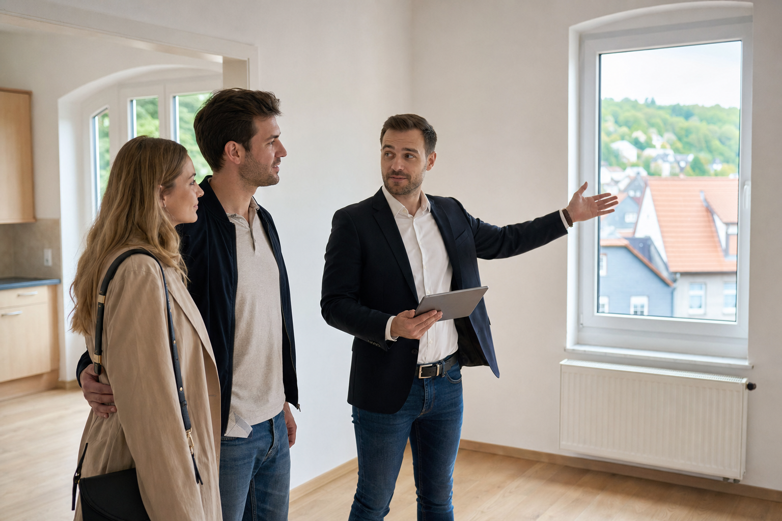 Immobilienmakler zeigt einem Paar eine helle Mietwohnung im Harz