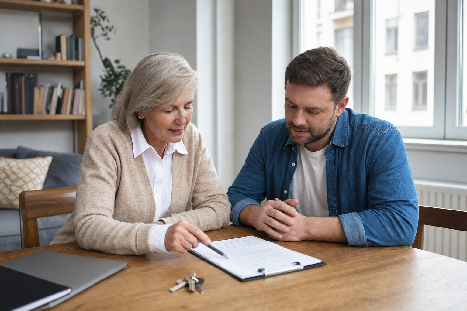 Vermieter und Mieter prüfen gemeinsam einen Mietvertrag am Tisch in einer Wohnung
