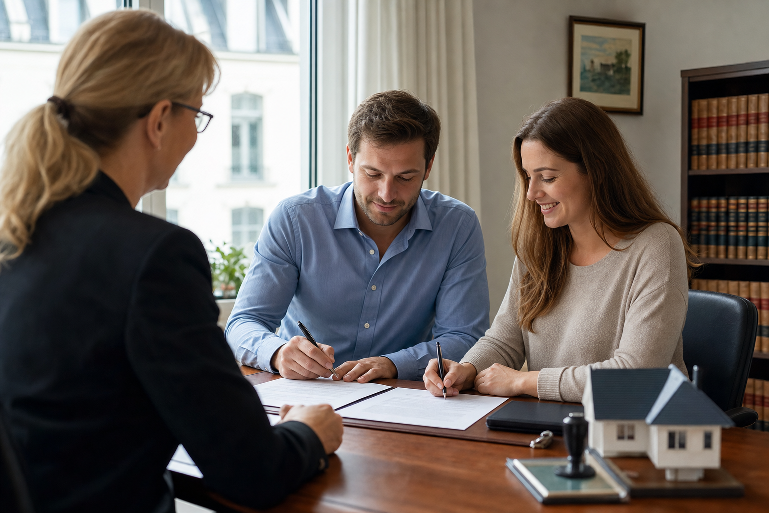 Verkäufer und Käufer bei der Unterzeichnung eines Immobilienkaufvertrags im Notarbüro