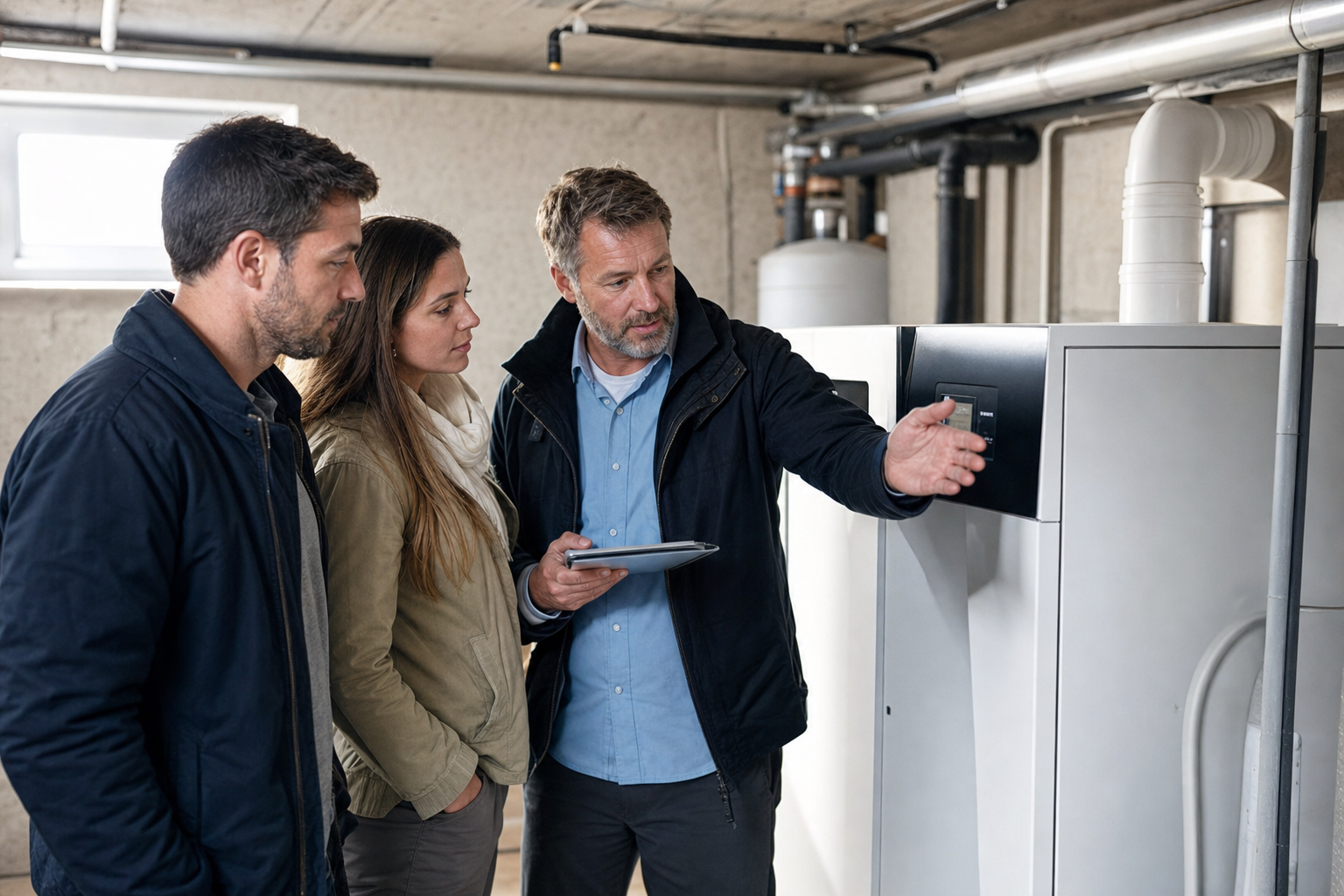 Kaufinteressierte betrachten mit einem Energieberater die Heizungsanlage im Keller eines Einfamilienhauses