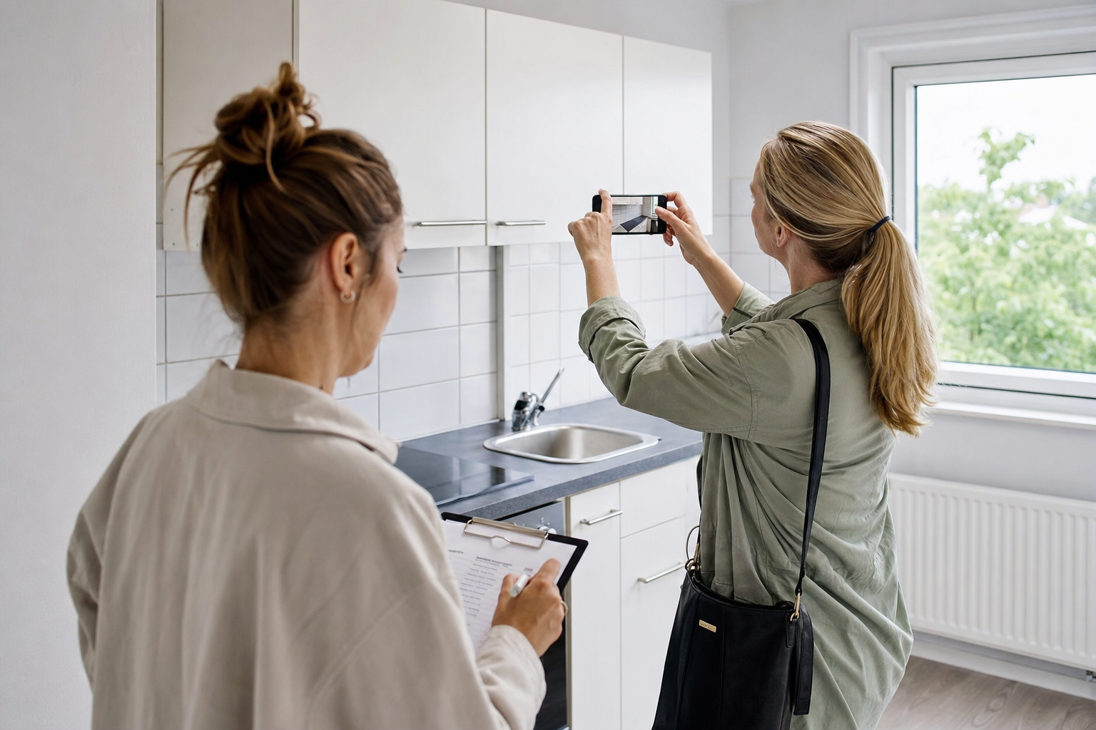 Vermieterin und Mieter dokumentieren gemeinsam den Zustand einer Küche mit Smartphone und Checkliste