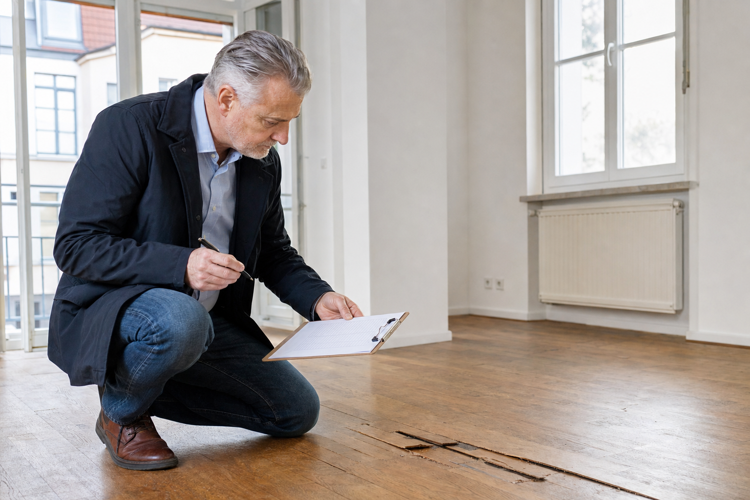 Vermieter prüft mit Übergabeprotokoll einen beschädigten Holzboden in einer leeren Wohnung
