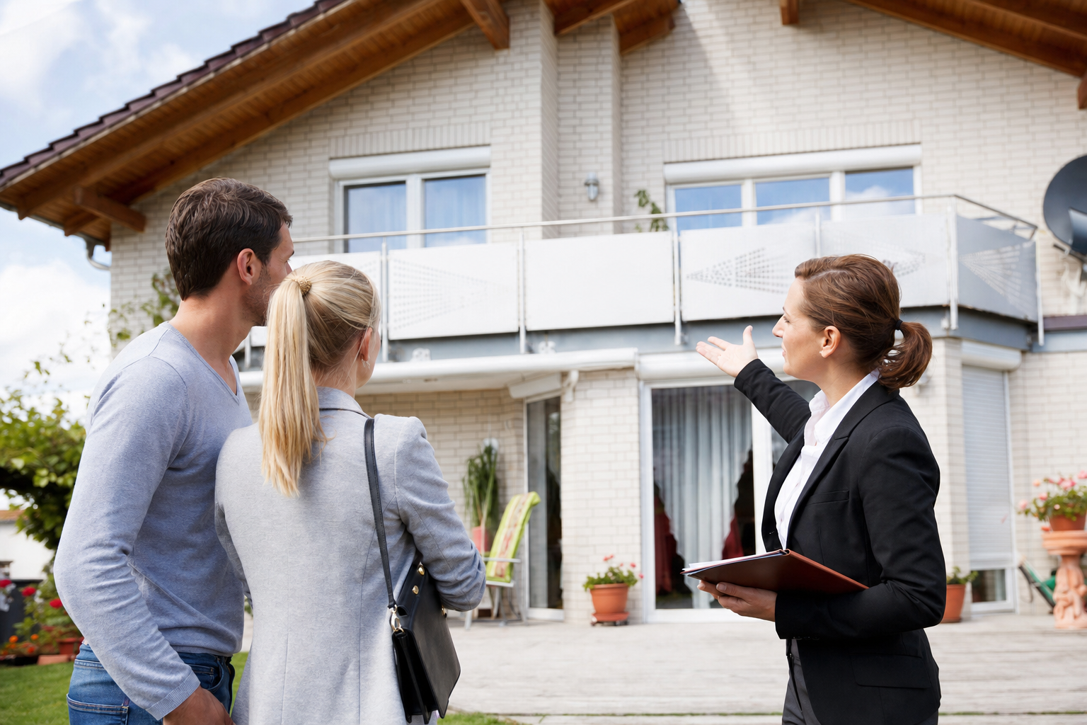 Maklerin zeigt einem interessierten Paar ein gepflegtes Einfamilienhaus