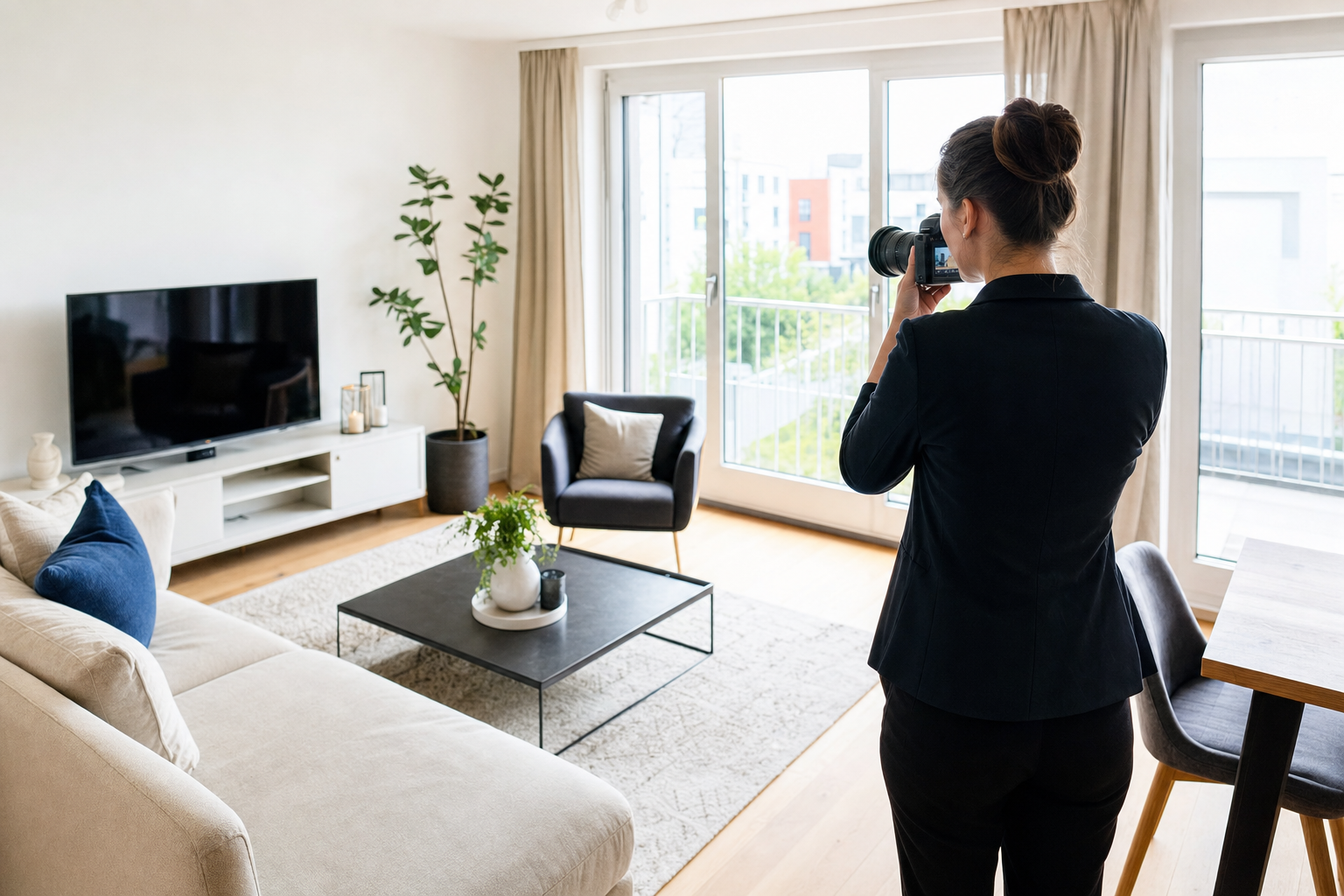 Maklerin fotografiert ein helles Wohnzimmer für ein Immobilienexposé